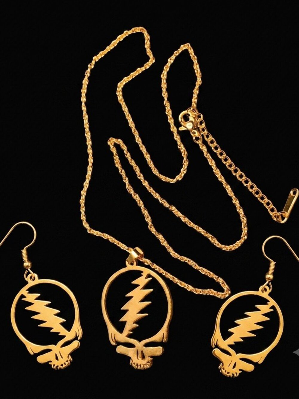 Grateful Dead Gold Plated Stainless Steel Necklace & Earring Set Steal Your Face